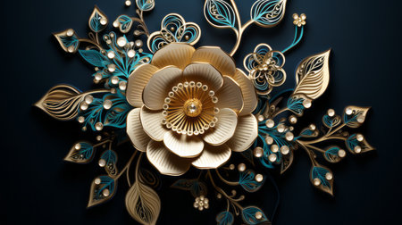 3d rendering of a gold flower on a dark blue backgroundの素材