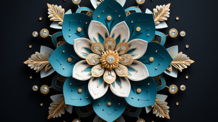 a blue and gold paper flower on a black backgroundの素材