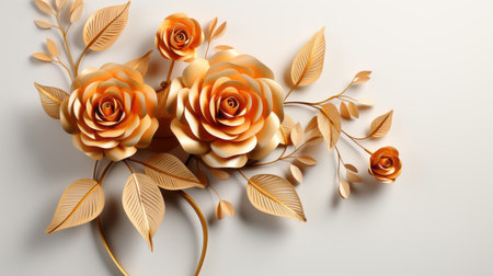 3d rendering of golden roses on a white backgroundの素材