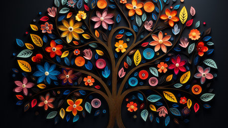a colorful tree made of paper flowers on a black backgroundの素材