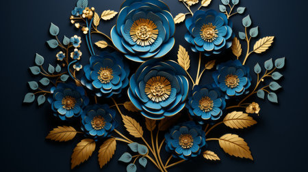 blue and gold flowers on a dark blue backgroundの素材