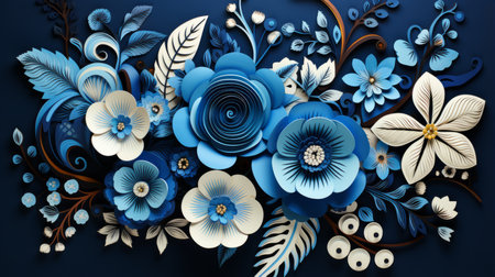 blue paper flowers on a dark blue backgroundの素材