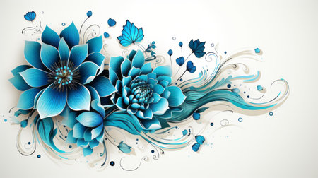 blue flowers and butterflies on a white backgroundの素材