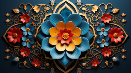 colorful floral design on a dark blue backgroundの素材