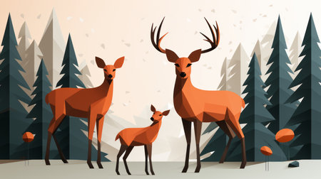 three deer in the forest with pine treesの素材
