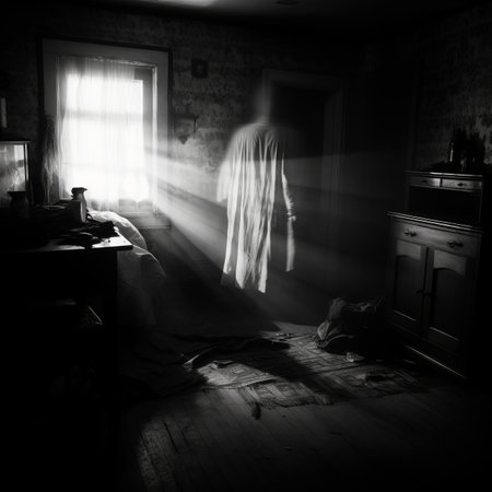 a black and white photo of a ghostly figure in a dark roomの素材