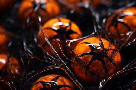 a bunch of black and orange balls with spider designs on themの素材