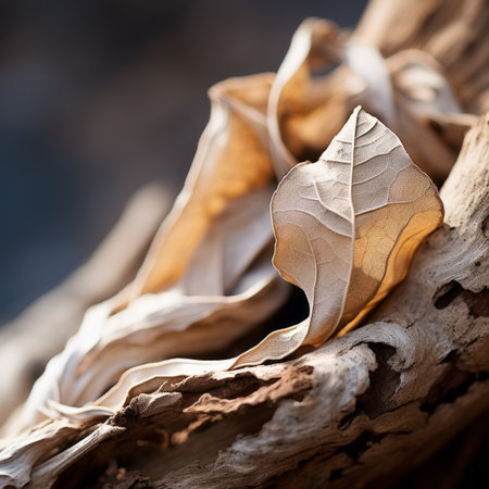 a close up of a dead leaf on a tree branchの素材