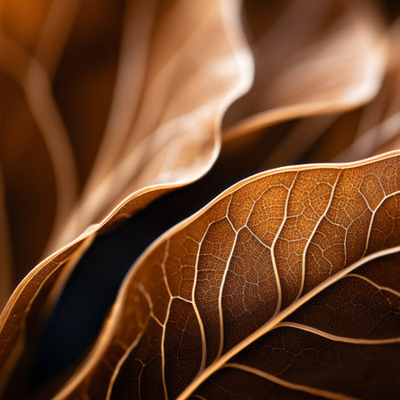 a close up of a leaf with brown veinsの素材