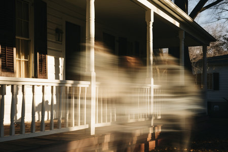 a blurry image of two people walking on the porch of a houseの素材