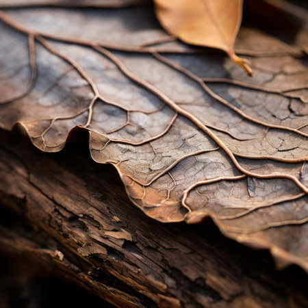 a close up of a leaf on a piece of woodの素材