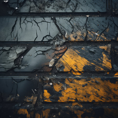 a close up of a cracked brick wall with yellow paint on itの素材