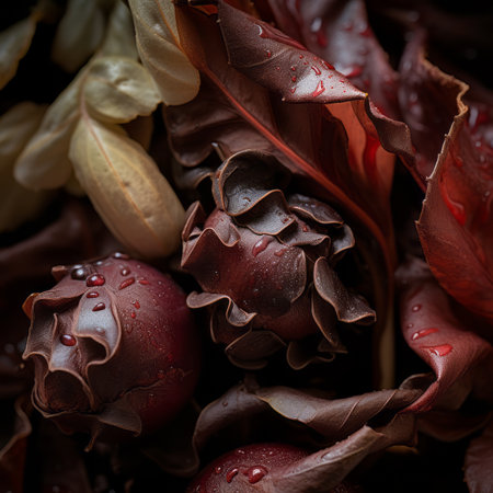 a close up of a bunch of red and brown leavesの素材