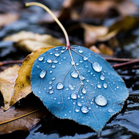 a blue leaf with water droplets on it in the waterの素材