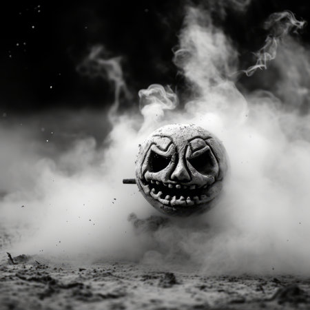 a black and white photo of a pumpkin with smoke coming out of itの素材