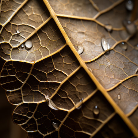 a close up of a leaf with water droplets on itの素材