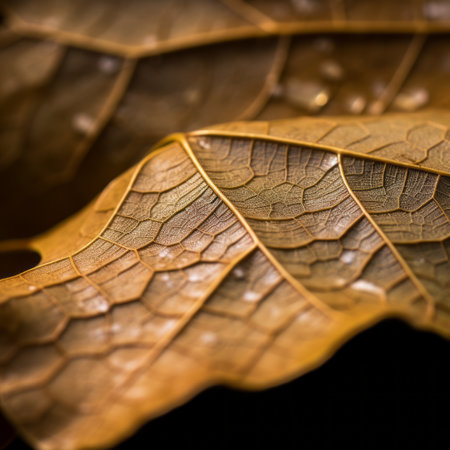 a close up of a leaf with water droplets on itの素材