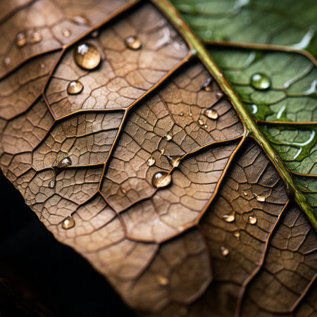 a close up of a leaf with water droplets on itの素材