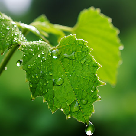 a close up of a green leaf with water droplets on itの素材