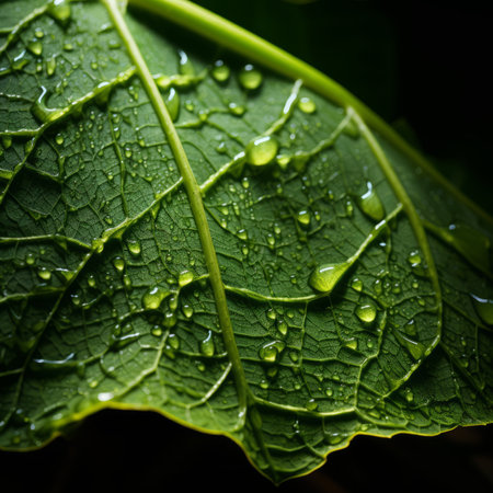 a close up of a leaf with water droplets on itの素材