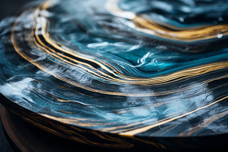 a close up of a marble table with blue and gold swirlsの素材