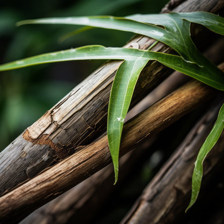 a close up of a bamboo plant with leaves on itの素材