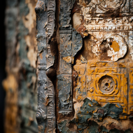 a close up of a rusty metal door with some paint on itの素材