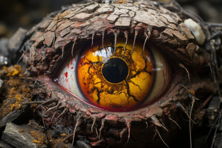 a close up of an eye with a red and yellow eyeの素材