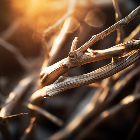 a close up of a tree branch with the sun behind itの素材