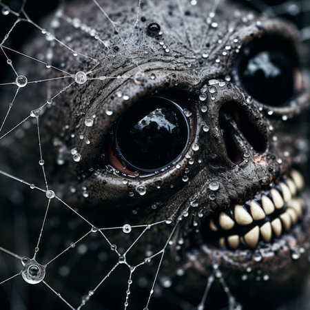 a close up of a skull with water droplets on itの素材