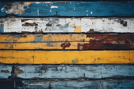 a close up of a wooden wall painted with blue yellow and red paintの素材