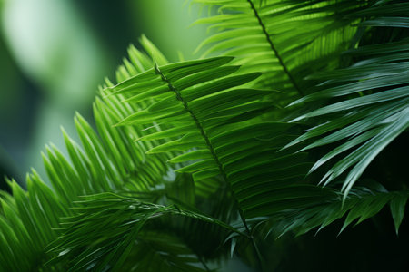 a close up of green palm leaves on a dark backgroundの素材