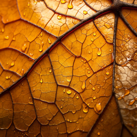 a close up view of an autumn leaf with water dropletsの素材