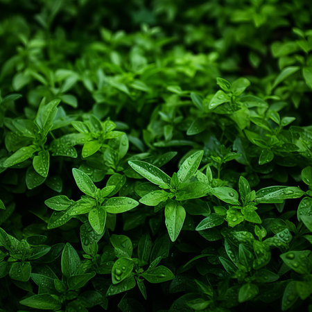 a close up view of green leaves on a plantの素材