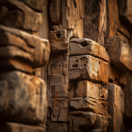 a close up view of a stone wall in the middle of a forestの素材