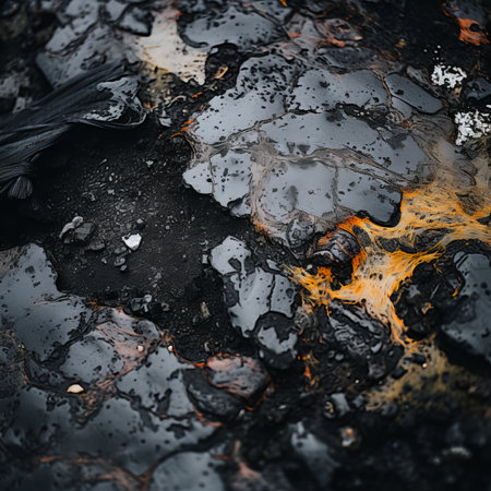 a close up view of black and orange oil on the groundの素材