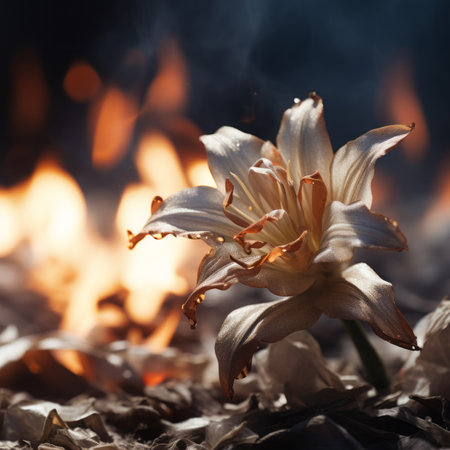 a flower is sitting in front of a fireの素材