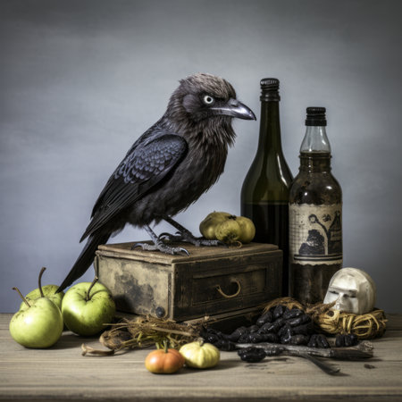 a crow sits on top of an old wooden box with apples and other itemsの素材