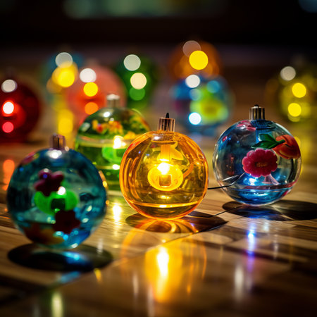 a group of colorful christmas ornaments sitting on a tableの素材