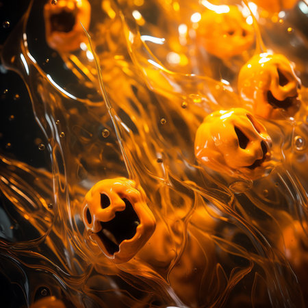 a group of halloween pumpkins floating in waterの素材