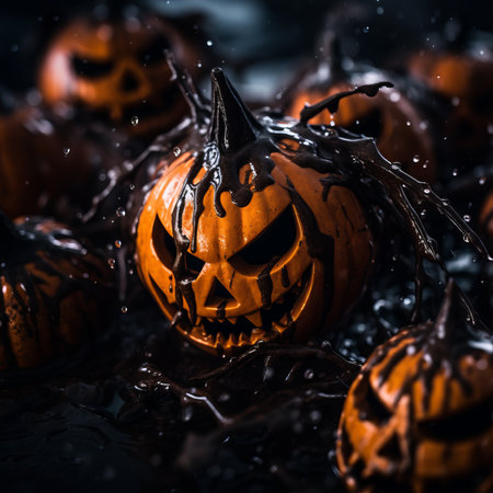a group of halloween pumpkins on a black backgroundの素材