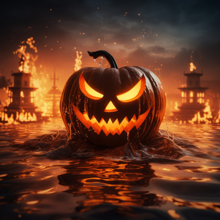 a halloween pumpkin in the water with flames coming out of itの素材