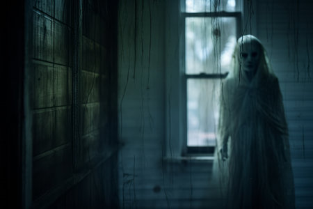 a ghostly woman standing in the dark in front of a windowの素材