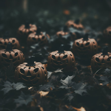a group of halloween pumpkins sitting on the groundの素材