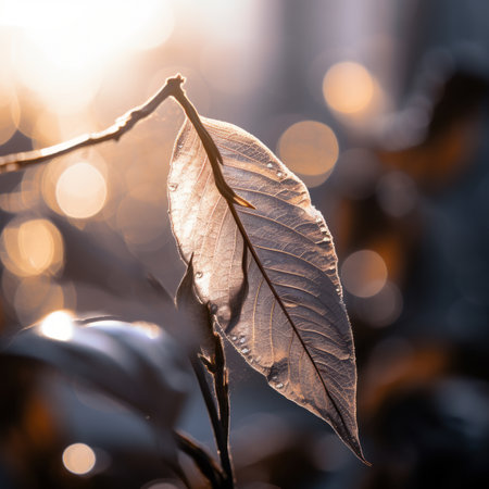 a leaf in the sun with bokeh lights in the backgroundの素材