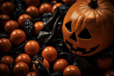 a halloween pumpkin surrounded by orange candiesの素材