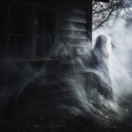 a ghostly figure standing in front of a house with smoke coming out of itの素材