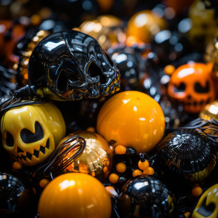 a pile of orange and black halloween ornamentsの素材