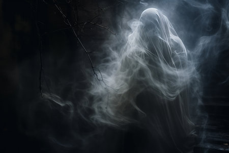 a person in a ghostly white robe is standing in the darkの素材