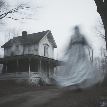 a ghostly woman in a white dress is walking in front of an old houseの素材